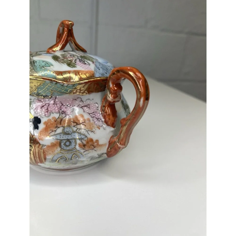 Vintage Kutani Geisha Sugar Bowl BiBi Japan Red Gold Porcelain Hand Painted‎